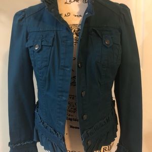 Teal jean jacket, button up waist length.